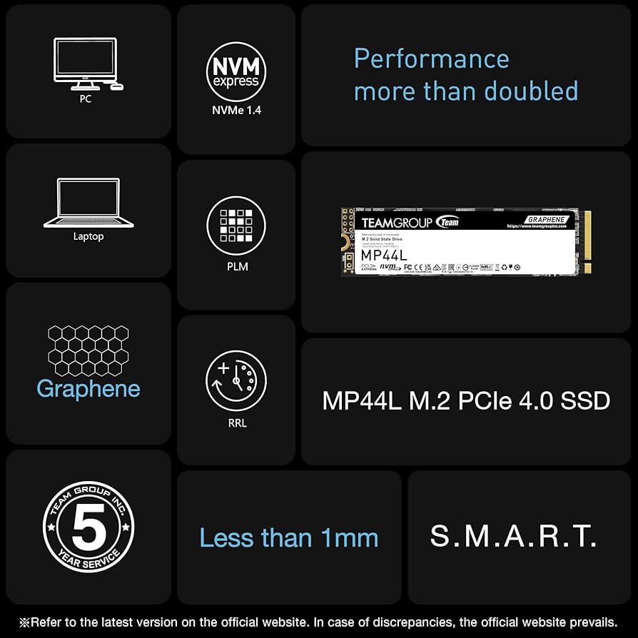 TEAMGROUP MP44L 500GB SLC Cache NVMe 1.4 PCIe Gen 4×4 M.2 2280 Laptop&Desktop SSD (R/W Speed up to 5000/2500MB/s) TM8FPK500G0C101