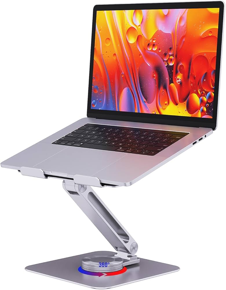 Adjustable Laptop Stand for Desk, 360° Rotating Base Portable Laptop Stand, Aluminum Alloy Foldable Computer Printer Riser Holder for Office Home Fits MacBook Air Pro, HP (10-17.3”) – Silver