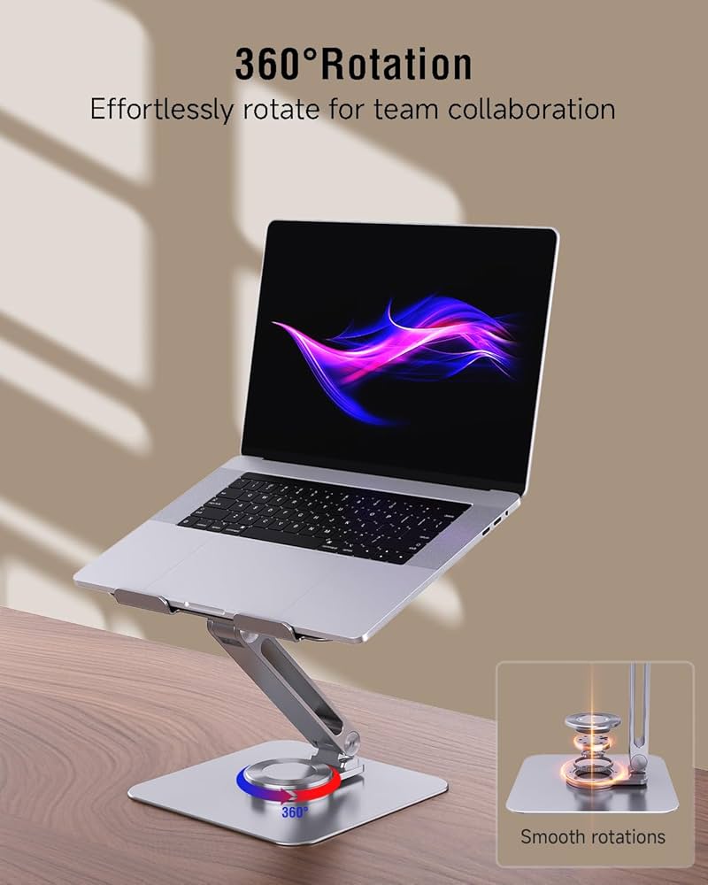 Adjustable Laptop Stand for Desk, 360° Rotating Base Portable Laptop Stand, Aluminum Alloy Foldable Computer Printer Riser Holder for Office Home Fits MacBook Air Pro, HP (10-17.3”) – Silver