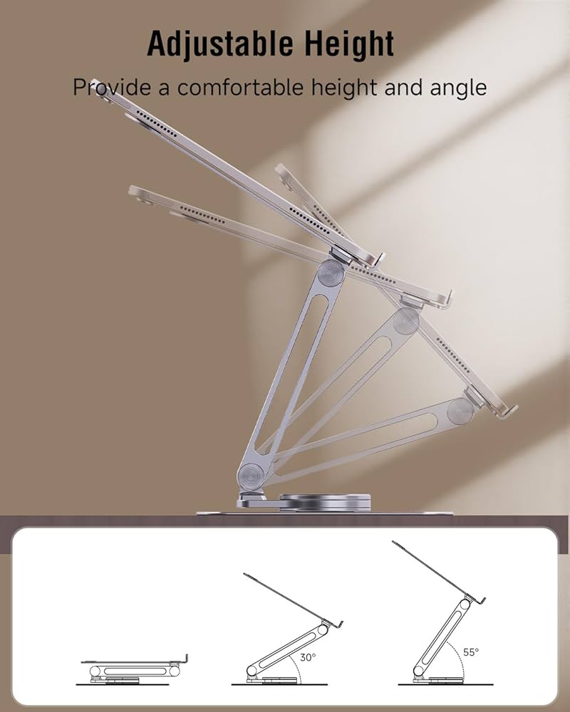 Adjustable Laptop Stand for Desk, 360° Rotating Base Portable Laptop Stand, Aluminum Alloy Foldable Computer Printer Riser Holder for Office Home Fits MacBook Air Pro, HP (10-17.3”) – Silver