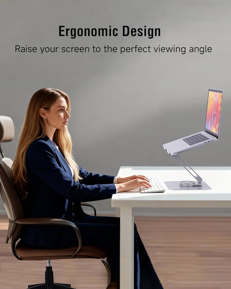 Adjustable Laptop Stand for Desk, 360° Rotating Base Portable Laptop Stand, Aluminum Alloy Foldable Computer Printer Riser Holder for Office Home Fits MacBook Air Pro, HP (10-17.3”) – Silver