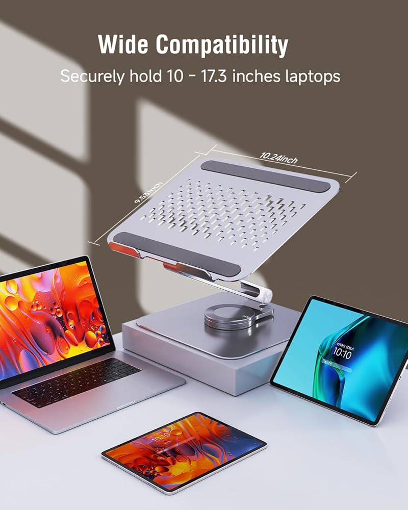 Adjustable Laptop Stand for Desk, 360° Rotating Base Portable Laptop Stand, Aluminum Alloy Foldable Computer Printer Riser Holder for Office Home Fits MacBook Air Pro, HP (10-17.3”) – Silver