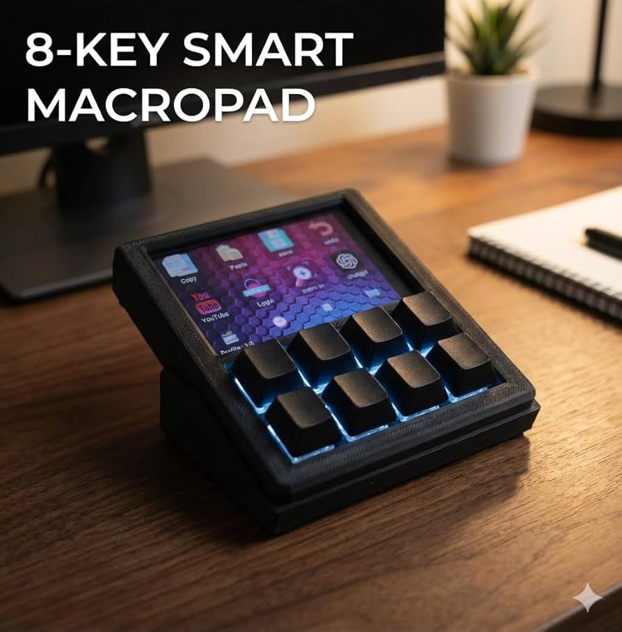Mechanical Macropad with 3.5″ TFT Screen, 8 Programmable Keys, ESP32 Powered Custom Keyboard, Driver-Free HID for Streamers & Designers, Open Source 3D Printed Case
