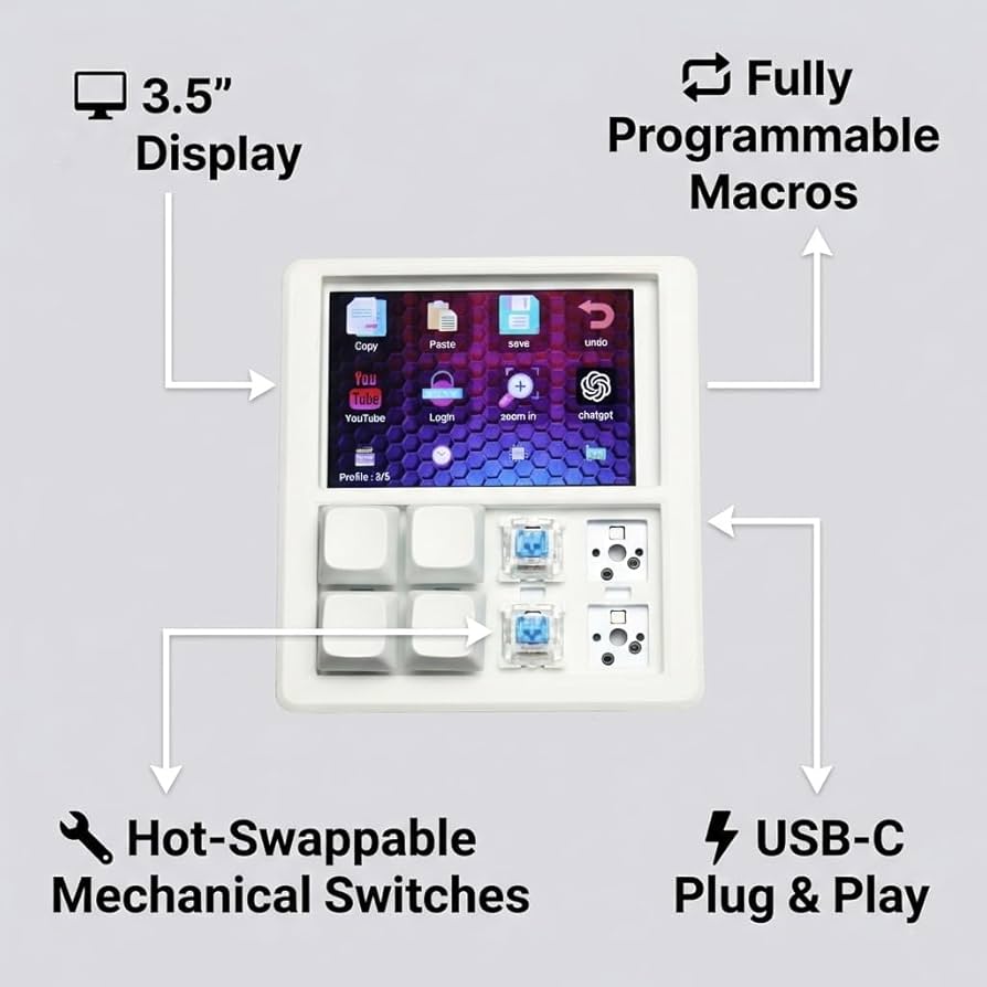 Mechanical Macropad with 3.5″ TFT Screen, 8 Programmable Keys, ESP32 Powered Custom Keyboard, Driver-Free HID for Streamers & Designers, Open Source 3D Printed Case