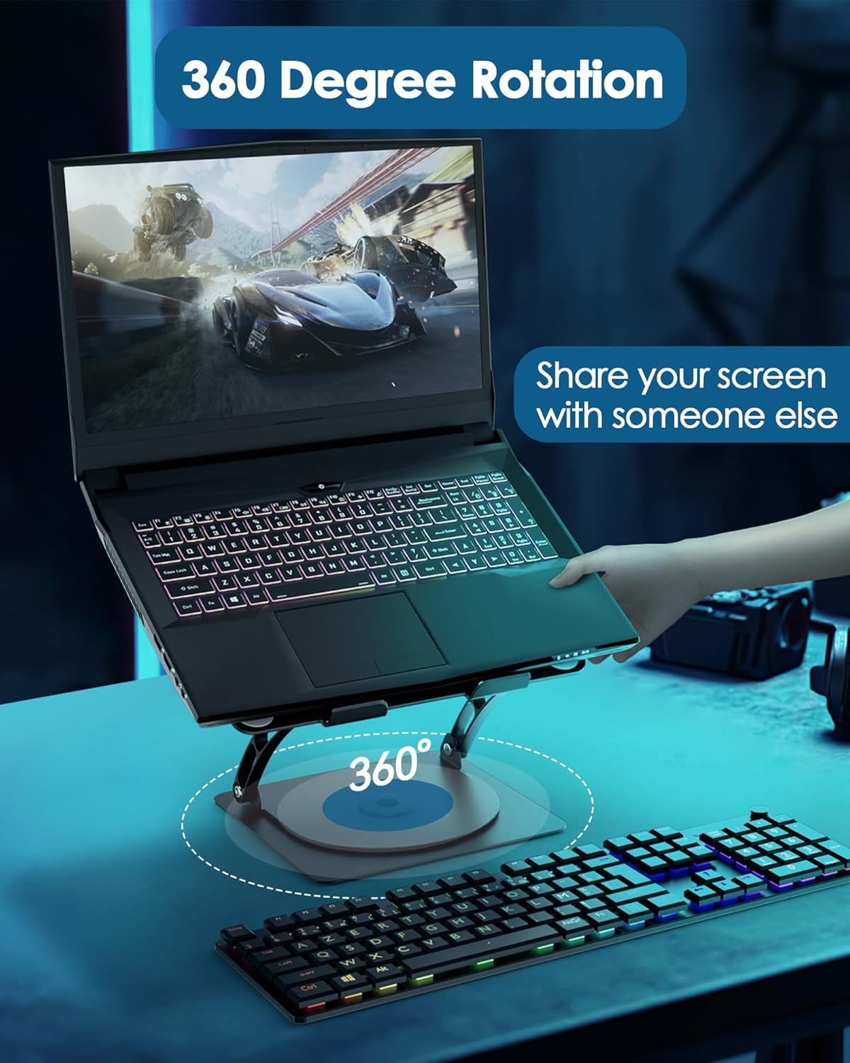 SHUWEI Laptop Cooling Stand with 3 Speed Fan, Adjustable Height & Angle, 360 Rotation Base, Carbon Steel Framework, Ultra-Quiet & Super Sturdy for up to 16”Laptop – Black