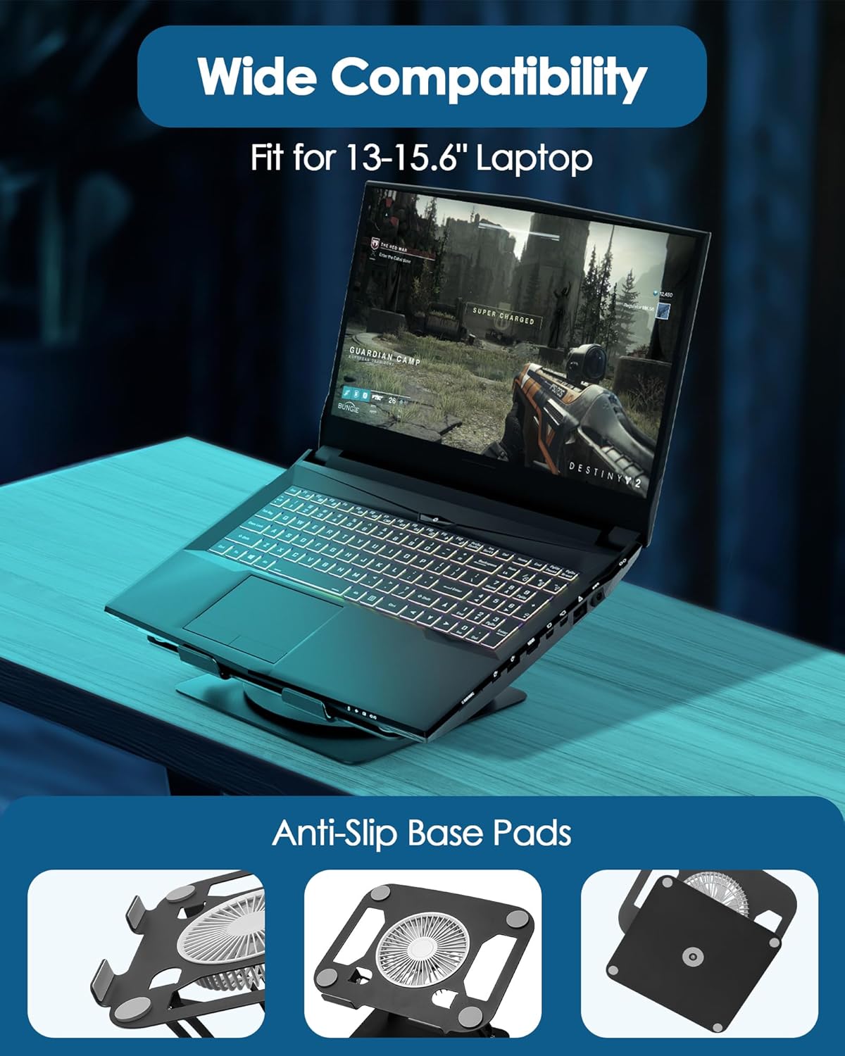 SHUWEI Laptop Cooling Stand with 3 Speed Fan, Adjustable Height & Angle, 360 Rotation Base, Carbon Steel Framework, Ultra-Quiet & Super Sturdy for up to 16”Laptop – Black