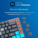 JCPAL Adobe Photoshop Keyboard • Dash Wireless Shortcut Keyboard for Mac and PC • Shortcut Hotkeys, Color-Coded Key Guide, Fully Customizable, Compact Low-Profile Design