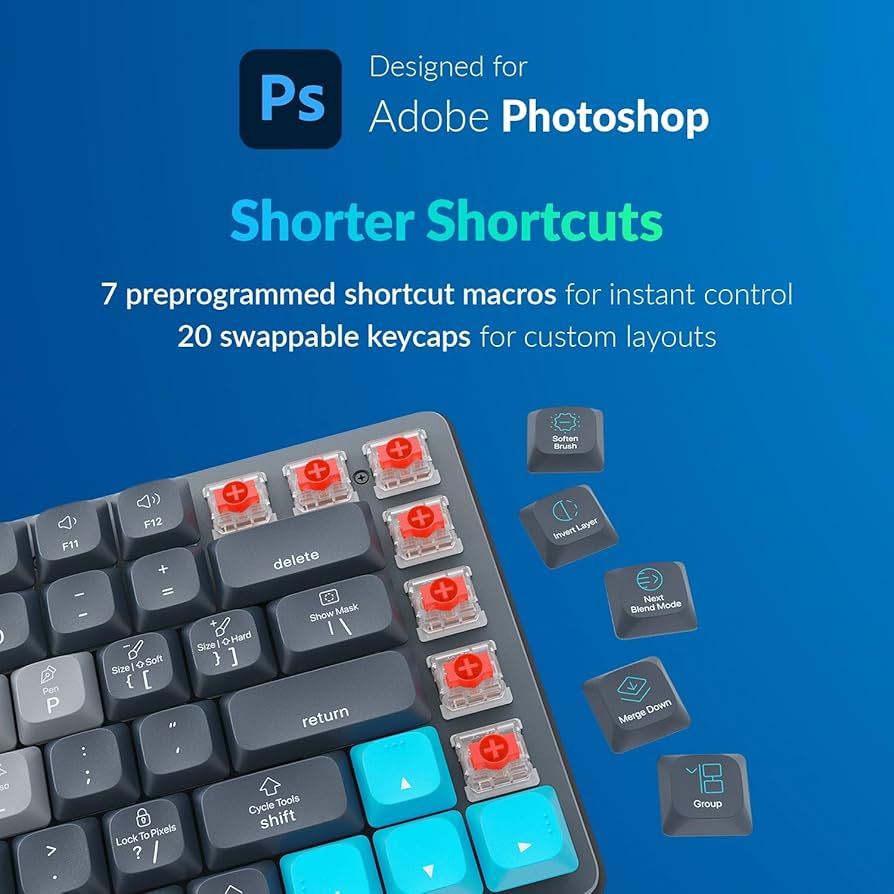 JCPAL Adobe Photoshop Keyboard • Dash Wireless Shortcut Keyboard for Mac and PC • Shortcut Hotkeys, Color-Coded Key Guide, Fully Customizable, Compact Low-Profile Design