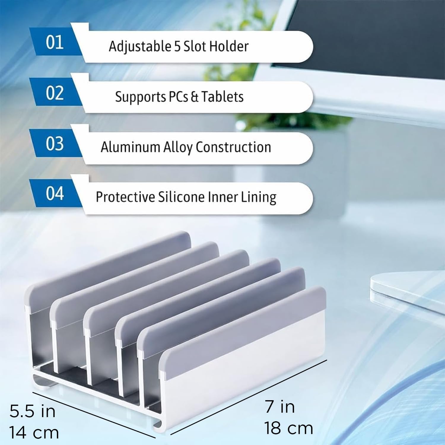 Elestoria 5- Slot Vertical Laptop Stand – Aluminum Laptop Stand Vertical for Desk – Adjustable Width (12-38mm) Fits MacBook Pro/Air, Surface & Gaming Laptops upto 17.3″-Heavy Duty Laptop Holder-Silver