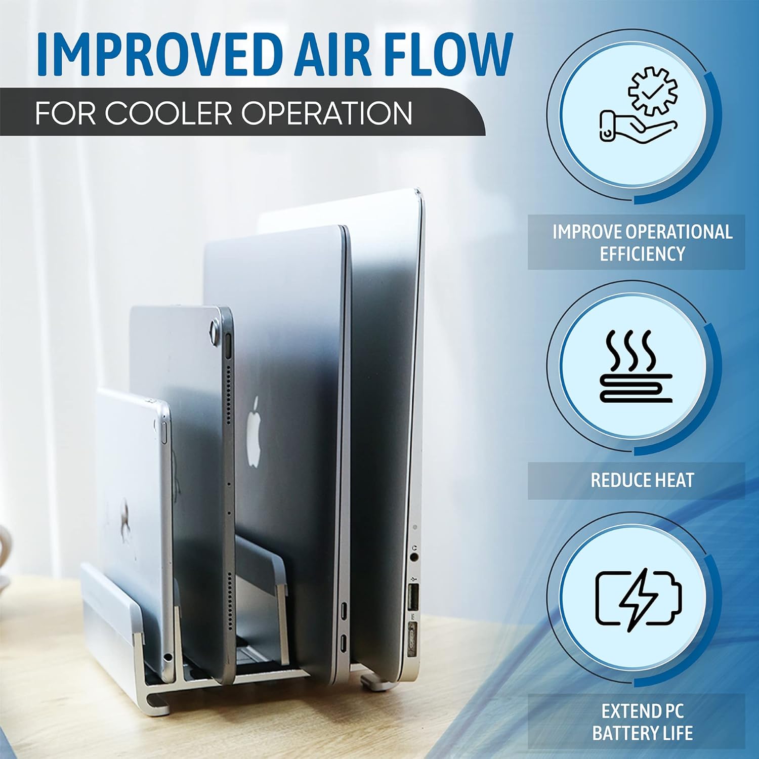 Elestoria 5- Slot Vertical Laptop Stand – Aluminum Laptop Stand Vertical for Desk – Adjustable Width (12-38mm) Fits MacBook Pro/Air, Surface & Gaming Laptops upto 17.3″-Heavy Duty Laptop Holder-Silver