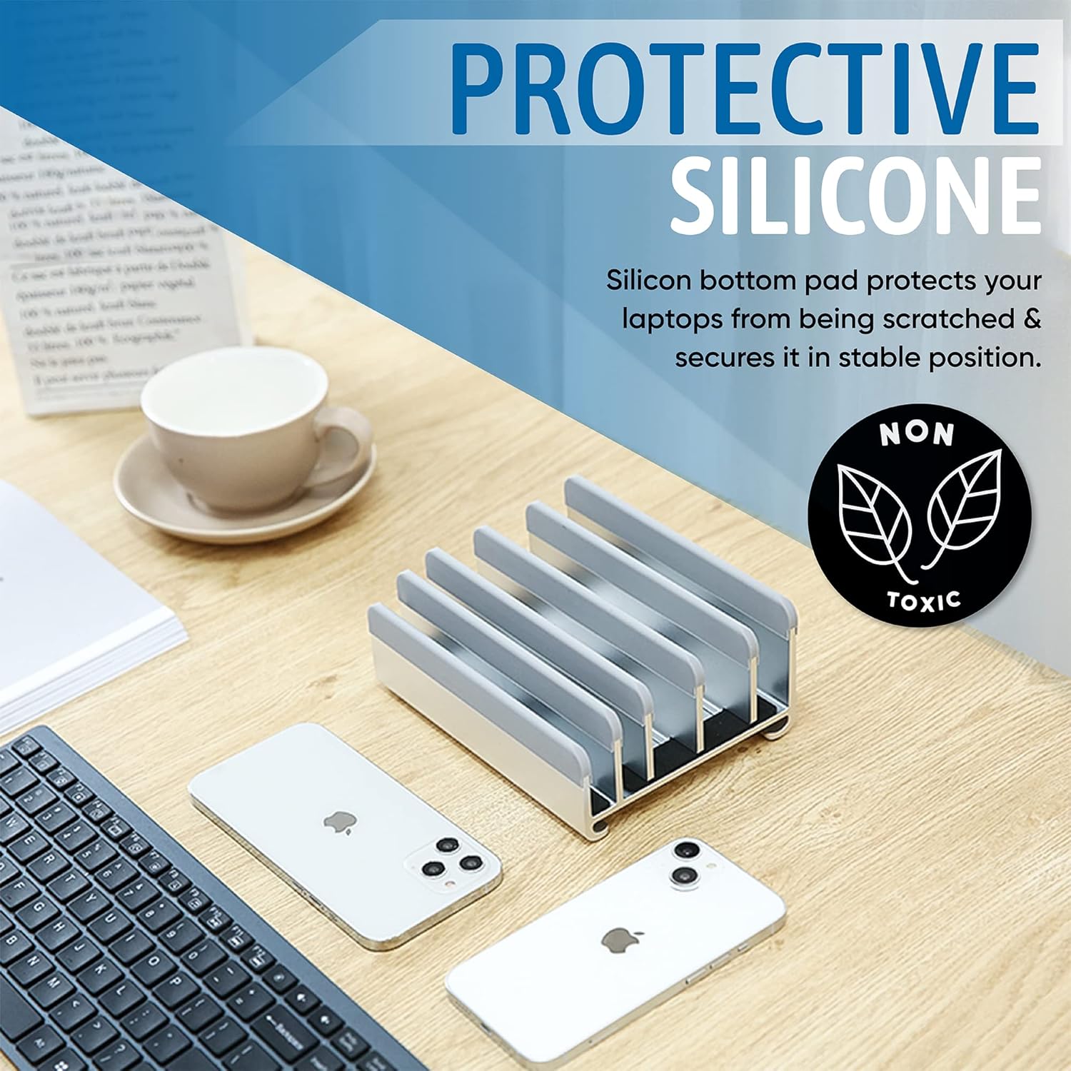 Elestoria 5- Slot Vertical Laptop Stand – Aluminum Laptop Stand Vertical for Desk – Adjustable Width (12-38mm) Fits MacBook Pro/Air, Surface & Gaming Laptops upto 17.3″-Heavy Duty Laptop Holder-Silver