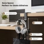 JAKO New Foldable Headphone Stand for Desk, Aluminum Alloy Headphone Holder – Headset Stand Hook Space Save Mount, Universal Fit PC Gaming Headsets Holder Under Desk Clamp for Office, Computer Table