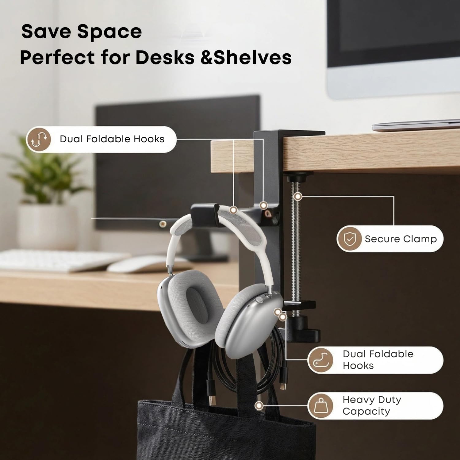 JAKO New Foldable Headphone Stand for Desk, Aluminum Alloy Headphone Holder – Headset Stand Hook Space Save Mount, Universal Fit PC Gaming Headsets Holder Under Desk Clamp for Office, Computer Table