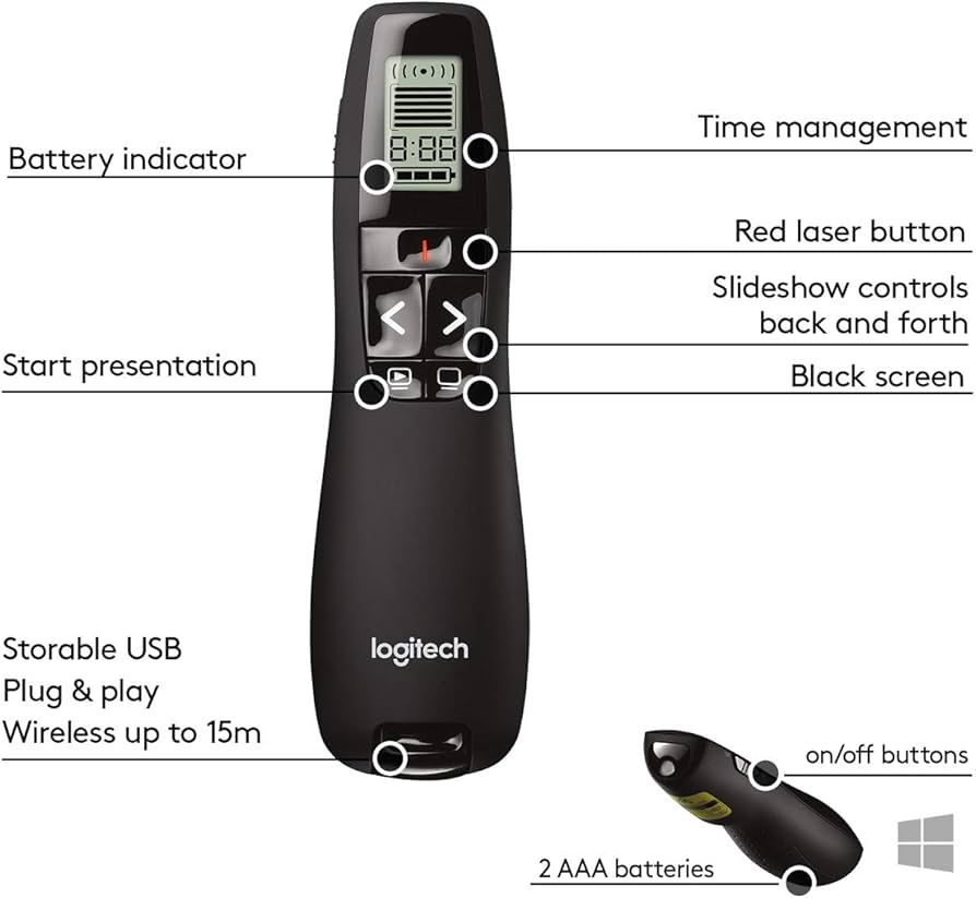 Logitech Wireless Presenter R800, PowerPoint Clicker with Green Laser Pointer, Wireless Presentation Clicker Remote