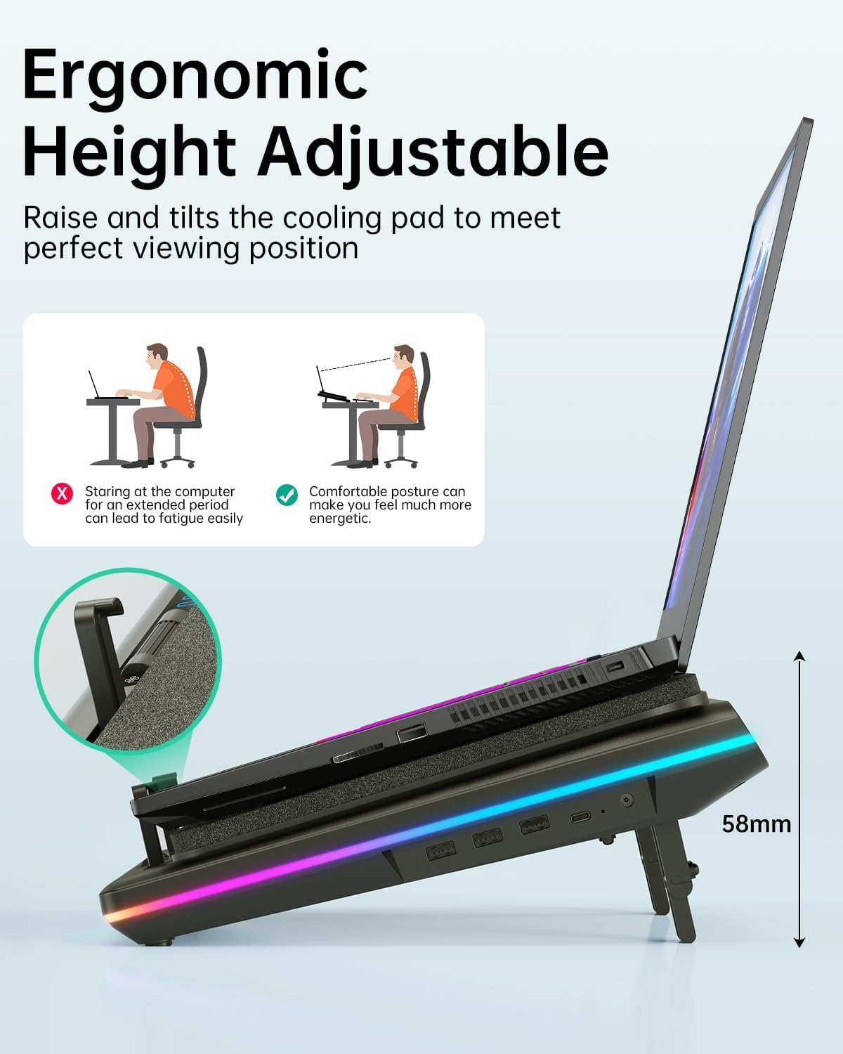 llano V12 RGB Laptop Cooling Pad, Gaming Laptop Cooler, Laptop Cooling Fan Stand with 5.5 Inch Powerful Turbofan, for 15.6-19in Laptop, Adjustable Speed, Touch Control, LCD Screen, Black (RGB)