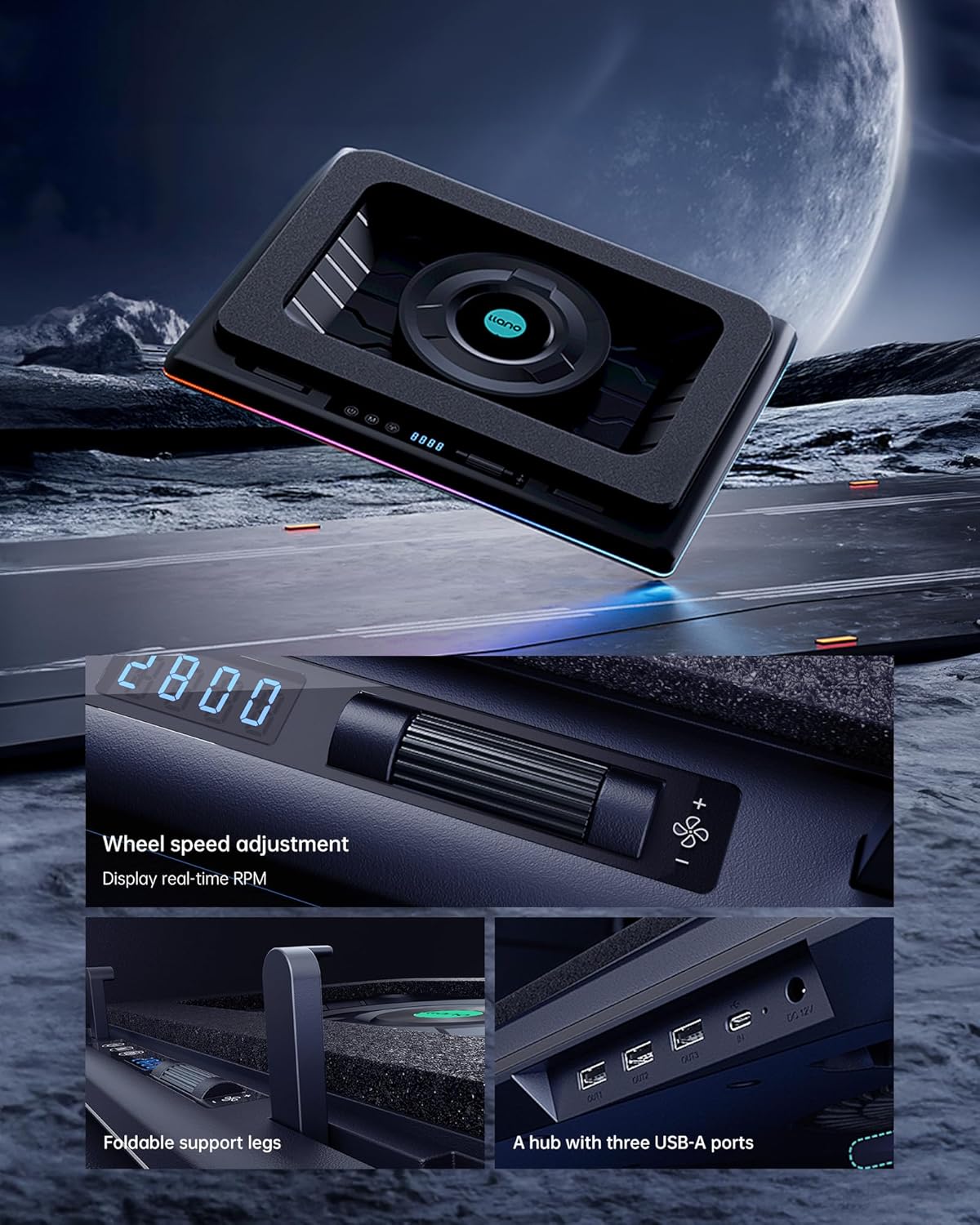 llano V12 RGB Laptop Cooling Pad, Gaming Laptop Cooler, Laptop Cooling Fan Stand with 5.5 Inch Powerful Turbofan, for 15.6-19in Laptop, Adjustable Speed, Touch Control, LCD Screen, Black (RGB)