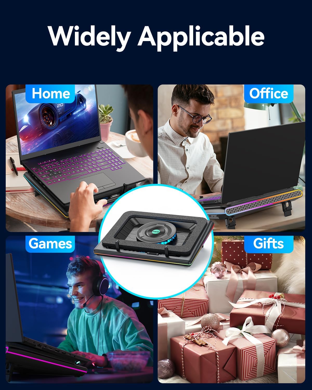 llano V12 RGB Laptop Cooling Pad, Gaming Laptop Cooler, Laptop Cooling Fan Stand with 5.5 Inch Powerful Turbofan, for 15.6-19in Laptop, Adjustable Speed, Touch Control, LCD Screen, Black (RGB)