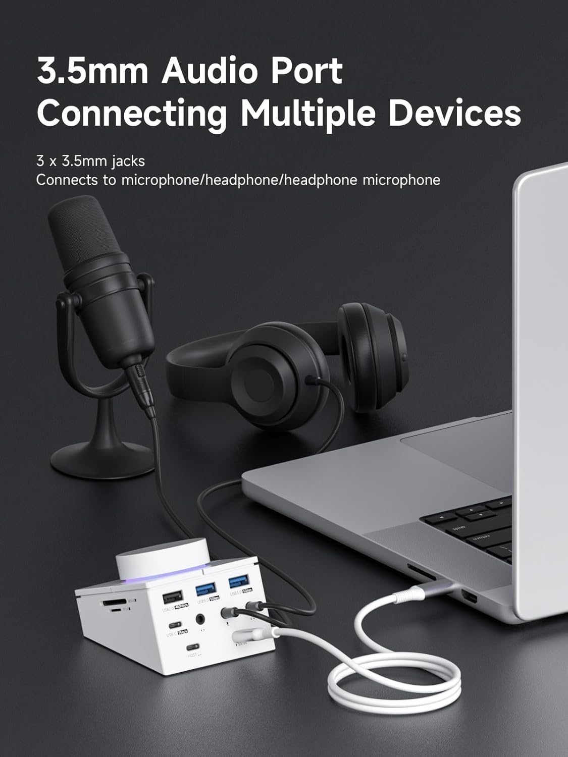 Hagibis Knob USB C Hub with Shortcut Buttons, RGB Type-C Docking Station with 5Gbps USB-C, 2 USB3.0, 3.5mm Jack, SD/Micro SD3.0, USB2.0 for MacBook iPad Pro Laptop (White AG)