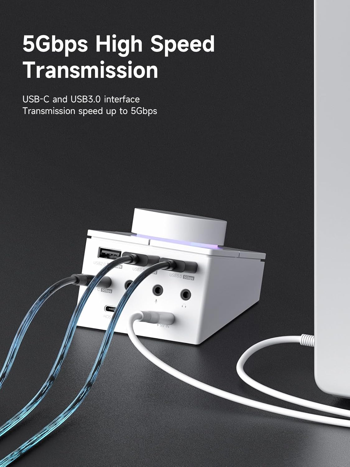 Hagibis Knob USB C Hub with Shortcut Buttons, RGB Type-C Docking Station with 5Gbps USB-C, 2 USB3.0, 3.5mm Jack, SD/Micro SD3.0, USB2.0 for MacBook iPad Pro Laptop (White AG)