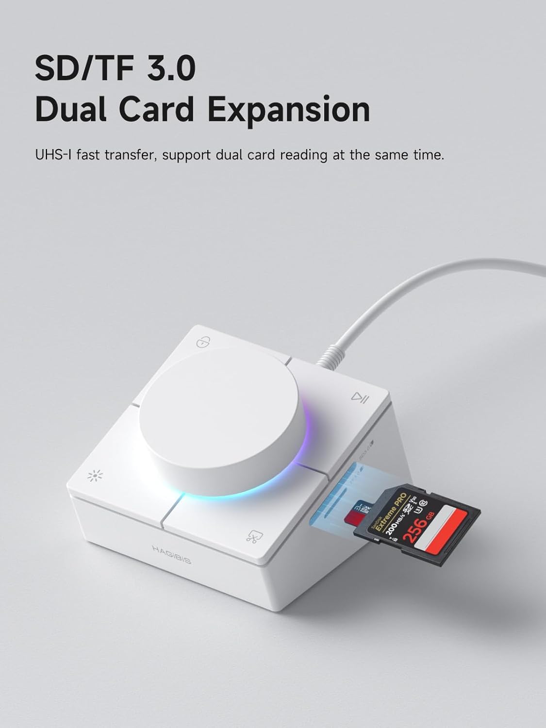 Hagibis Knob USB C Hub with Shortcut Buttons, RGB Type-C Docking Station with 5Gbps USB-C, 2 USB3.0, 3.5mm Jack, SD/Micro SD3.0, USB2.0 for MacBook iPad Pro Laptop (White AG)