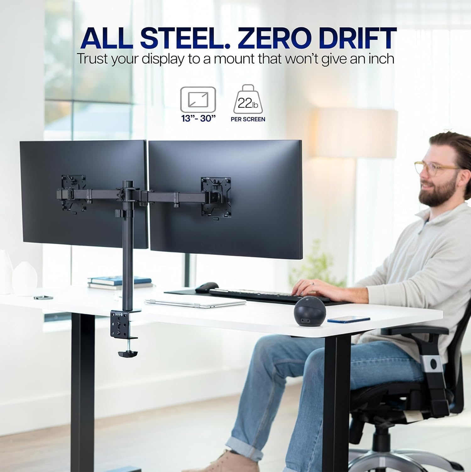VIVO Dual Monitor Desk Mount, Holds 2 Computer Screens up to 30 inches and 22lbs Each, Heavy Duty Fully Adjustable Steel Stand with C-Clamp and Grommet, Black, STAND-V002