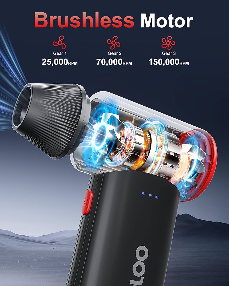 GOOLOO F3 Compressed Air Duster, 150000RPM Duster for Cleaning, 3-Gear Rechargeable Electric Air Blower with Fast Charging, Cordless Mini Blower for PC, Computer, Car, Keyboard, Outdoor
