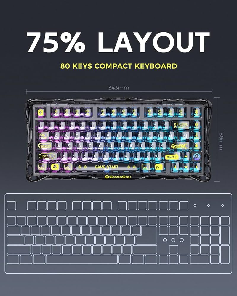GravaStar Mercury K1 Lite 75% Gaming Keyboard, 2.4GHz/BT/Wired Tri-Mode Wireless Keyboard, Gasket Hot Swappable Mechanical Keyboard, Pre-lubed Linear Switches, RGB Backlit (Transparent Black)
