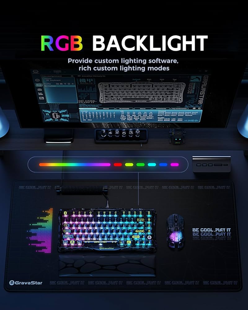 GravaStar Mercury K1 Lite 75% Gaming Keyboard, 2.4GHz/BT/Wired Tri-Mode Wireless Keyboard, Gasket Hot Swappable Mechanical Keyboard, Pre-lubed Linear Switches, RGB Backlit (Transparent Black)