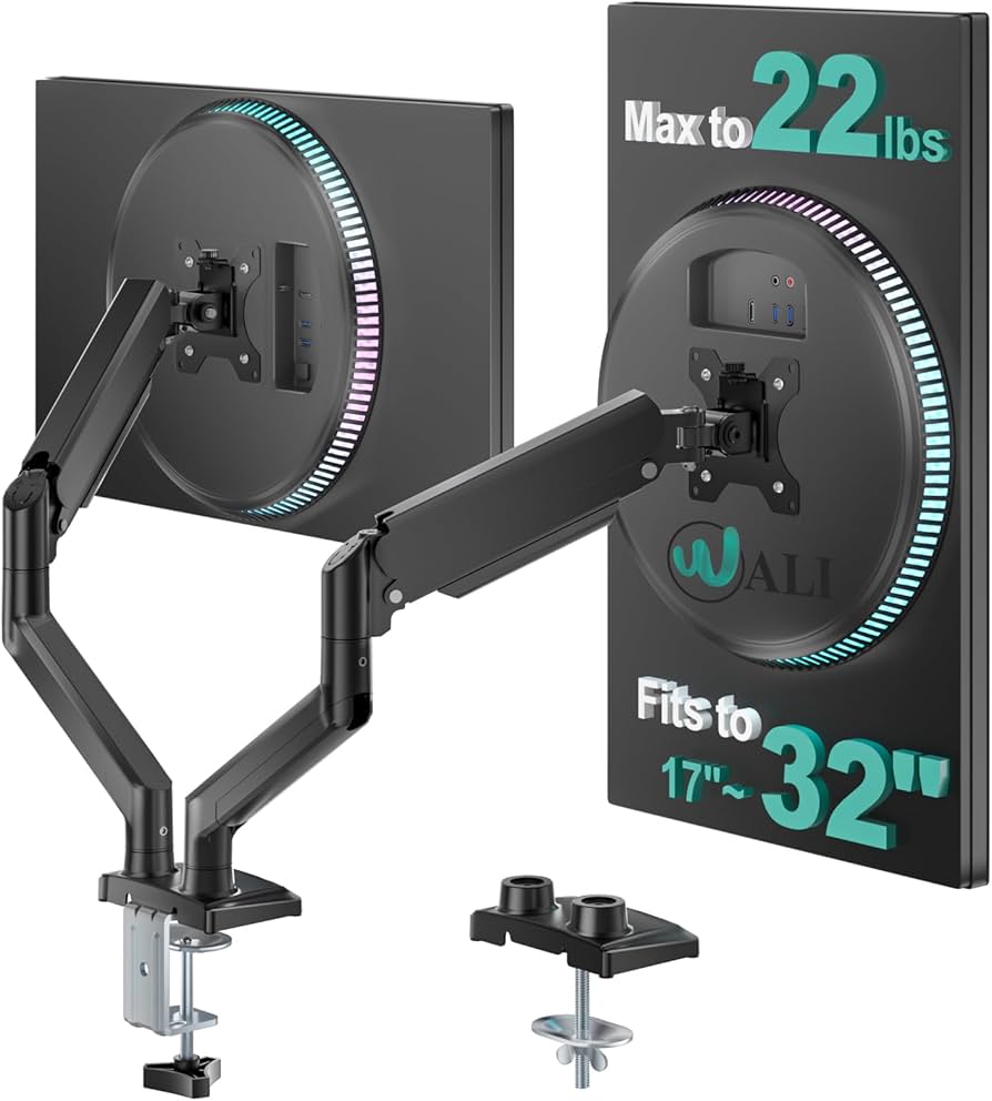 WALI Dual Monitor Stand for 17-32 inch Computer Screens, Dual Monitor Arms for 2 Monitors Holds up to 22 lbs, Height Adjustable Gas Spring Dual Monitors Mount, VESA 75×75/100x100mm (GSMP002N), Black