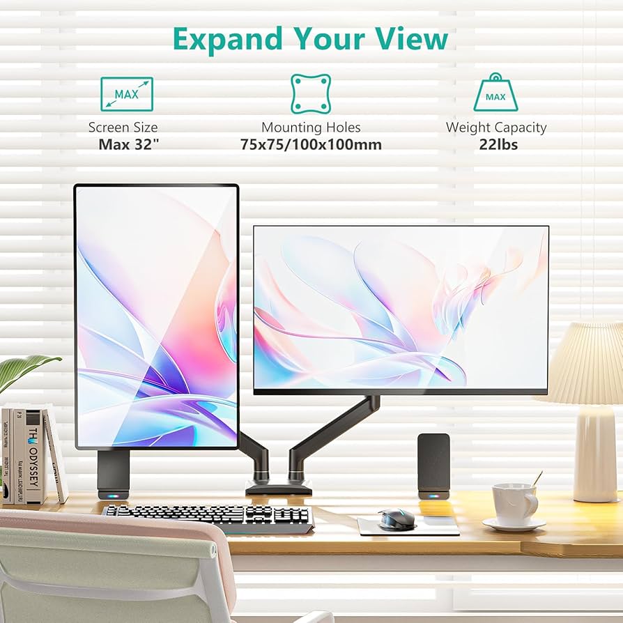 WALI Dual Monitor Stand for 17-32 inch Computer Screens, Dual Monitor Arms for 2 Monitors Holds up to 22 lbs, Height Adjustable Gas Spring Dual Monitors Mount, VESA 75×75/100x100mm (GSMP002N), Black