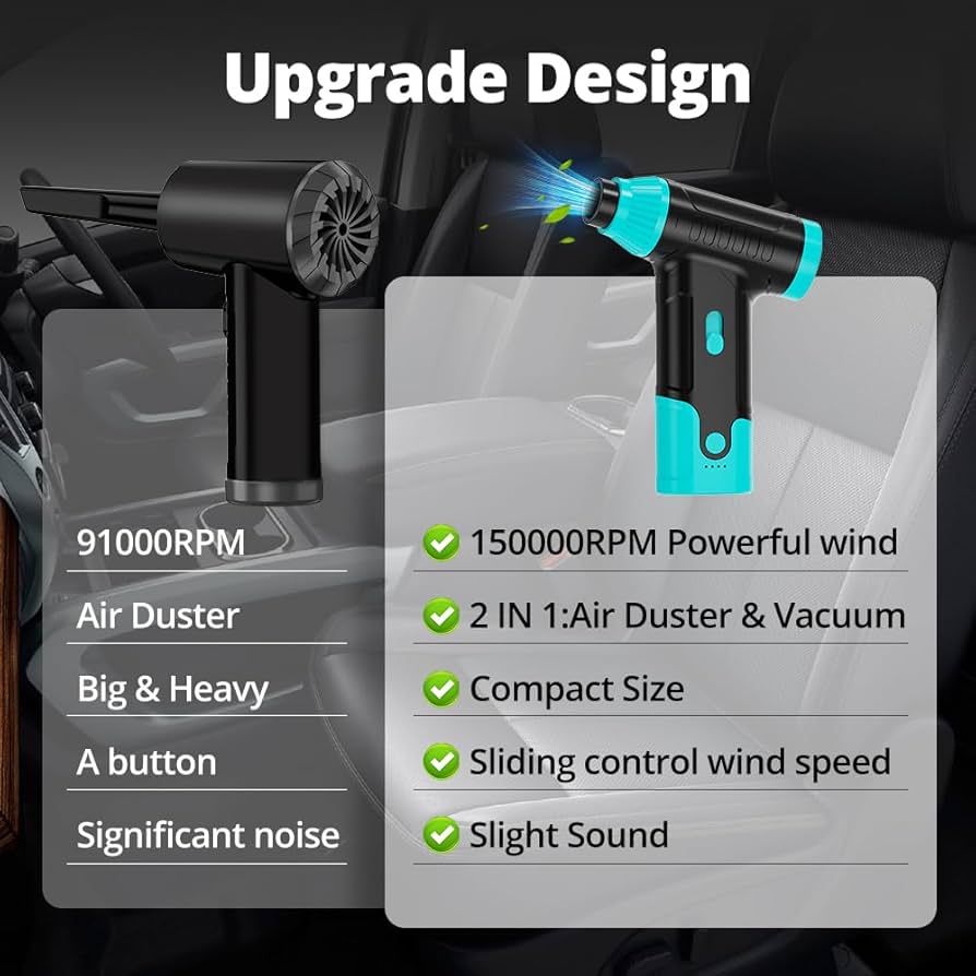 Compressed Air Duster Keyboard Cleaner – Electric Air Blower Cleaning Kit 150,000 RPM Mini Blower Spray to Dust Off Car, PC, Keyboard, Vacuum (Green)