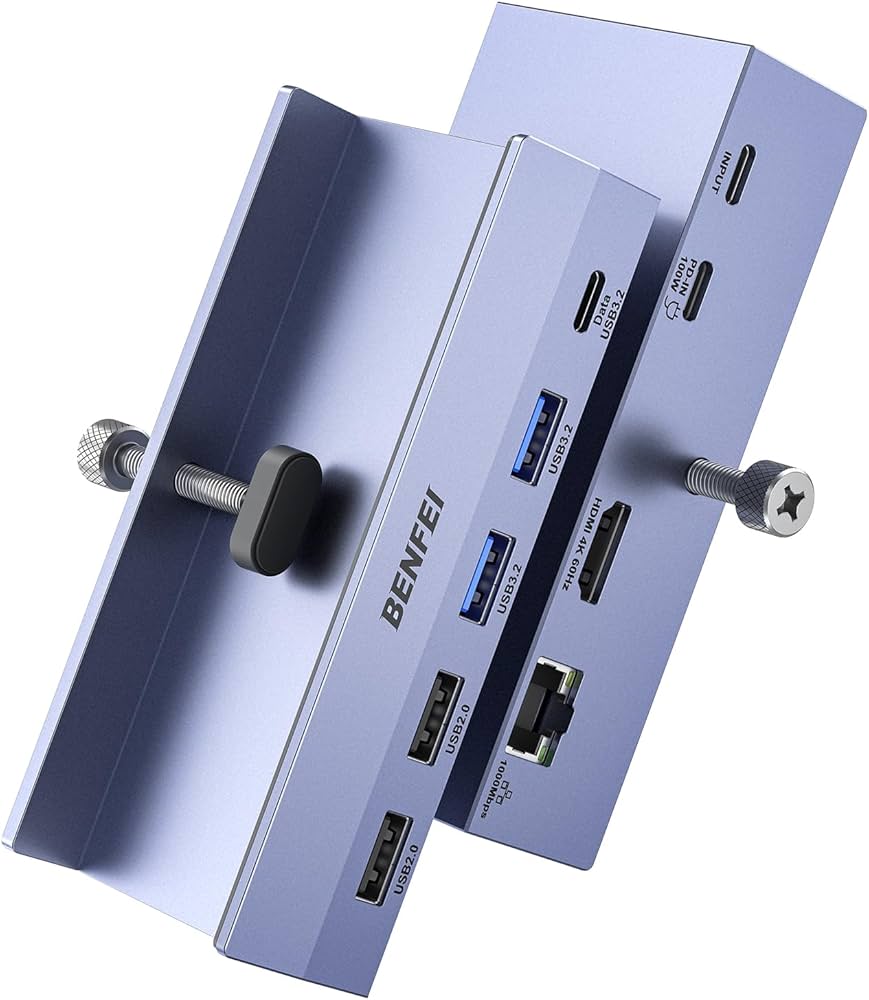 BENFEI 8-in-1 USB C Hub with Secure Clamp – Features 4K@60Hz HDMI, Gigabit Ethernet, 100W PD, 10Gbps 1x USB-C, 2 x USB-A 3.2, 2 x USB-A 2.0 Compatible with MacBook, iPad Pro, iMac, S23, XPS17