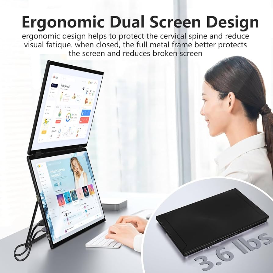 Laptop Screen Extender Dual 15.6″ FHD Portable Monitor 1080P Folding Triple Monitor for Wins, Mac OS 360° Rotation with Kickstand USB C Travel Extended Computer Display