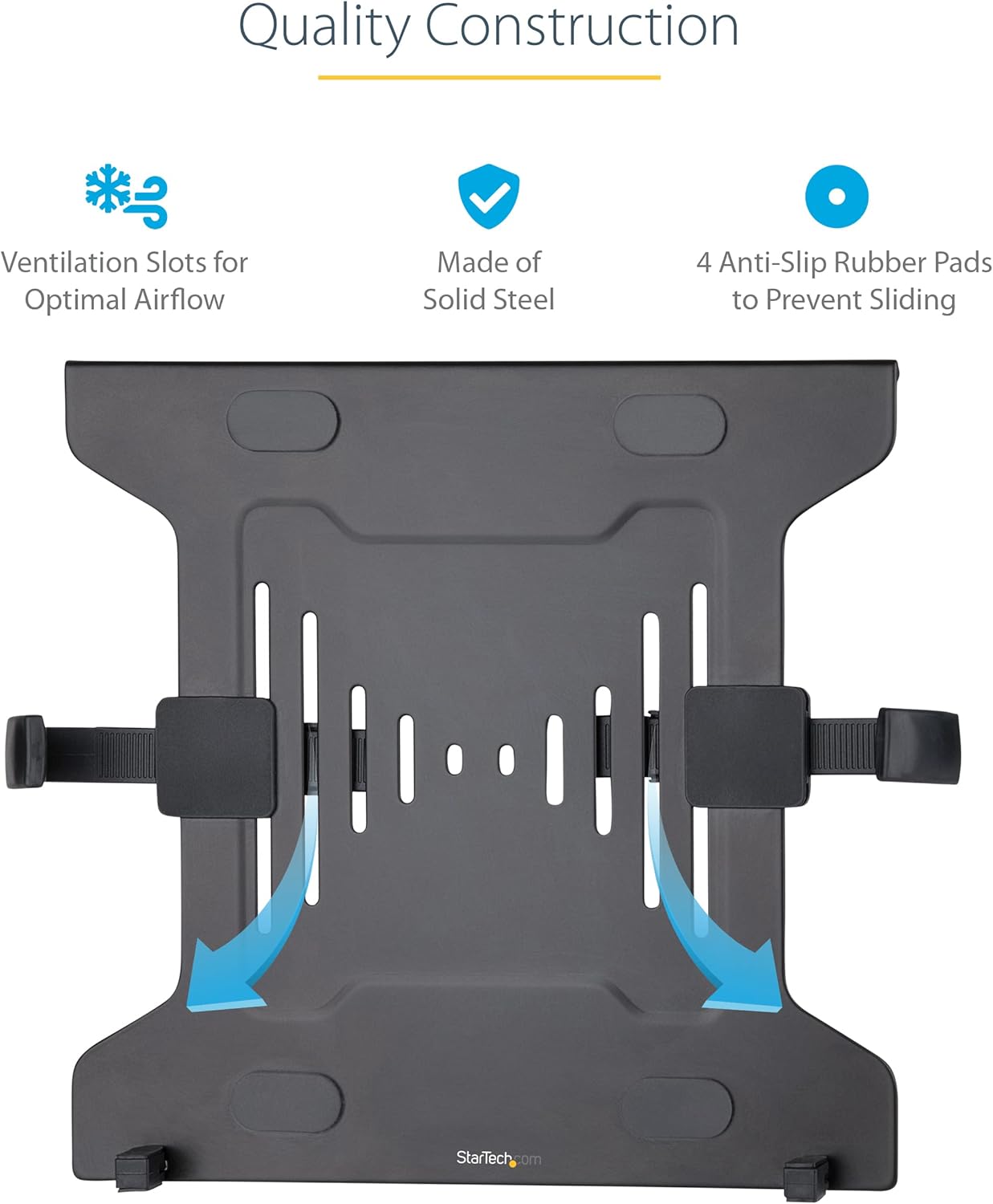 StarTech.com VESA Laptop Tray – Adjustable Monitor Arm Laptop Tray Secures Notebooks (4.5kg / 9.9lb) – 75×75 & 100×100 VESA Mount Holes – Ventilated – for Monitor Desk Mounts/Stands (Laptop-ARM-Tray)