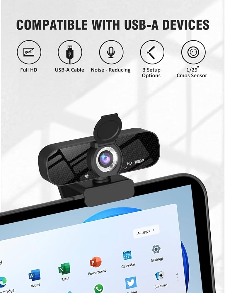Tewiky Full HD Webcam with Built-in Microphone and Rotatable Tripod, 1080P Video and Wide Angle Camera, Privacy Cover, for Desktop PC or Laptop Computer