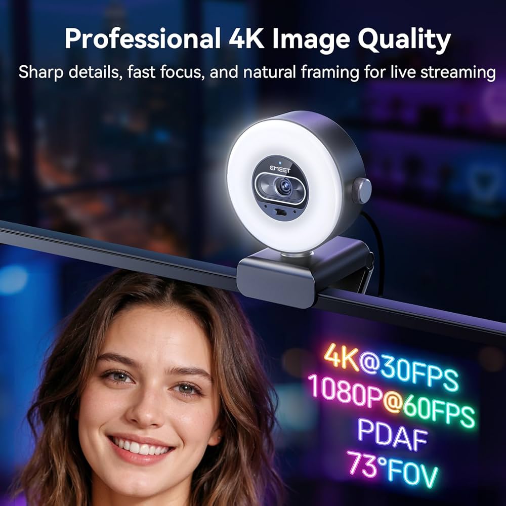 EMEET S600L 4K Webcam for Streaming with Ring Light, 4 Lighting Modes, Rainbow Effect, 1/2″ Sensor, AI Imaging, 0.2S PDAF, 2 Mics, Dial Control, 4K Webcam with Light for OBS/Twitch/YouTube/Zoom/PC/Mac