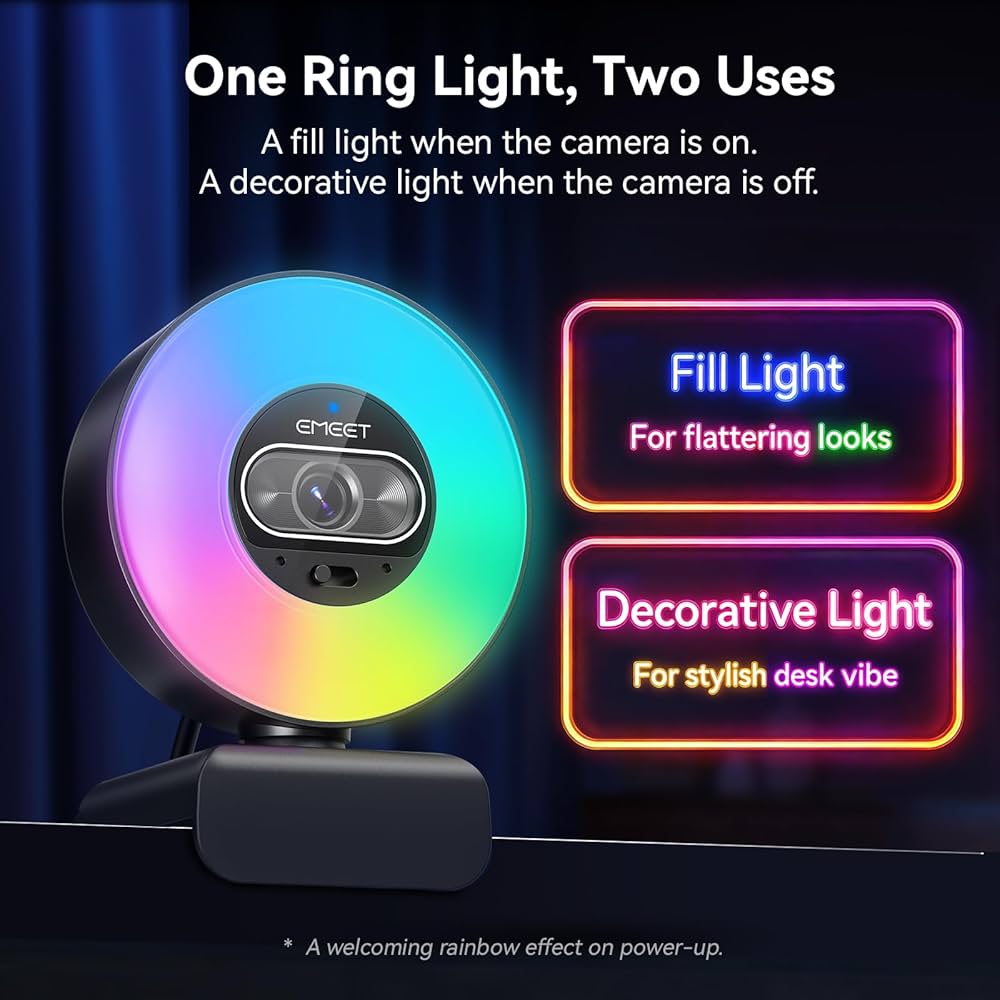 EMEET S600L 4K Webcam for Streaming with Ring Light, 4 Lighting Modes, Rainbow Effect, 1/2″ Sensor, AI Imaging, 0.2S PDAF, 2 Mics, Dial Control, 4K Webcam with Light for OBS/Twitch/YouTube/Zoom/PC/Mac