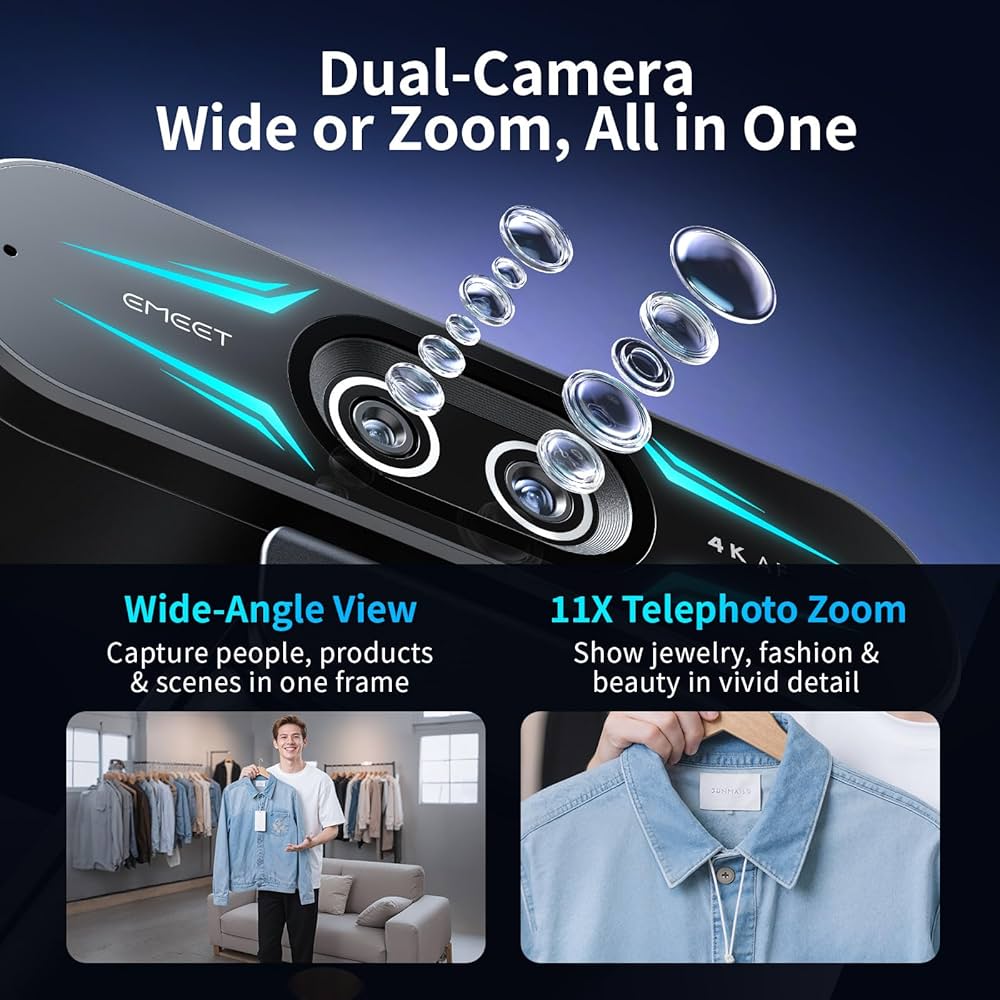 EMEET C60E Dual-Camera 4K Webcam for Streaming, Wide-Angle and Telephoto Cameras, Max 11X Hybrid Zoom & PDAF Autofocus, Remote Control, RGB Lighting, 2 Mics, Ideal for Livestreaming and Online Meeting