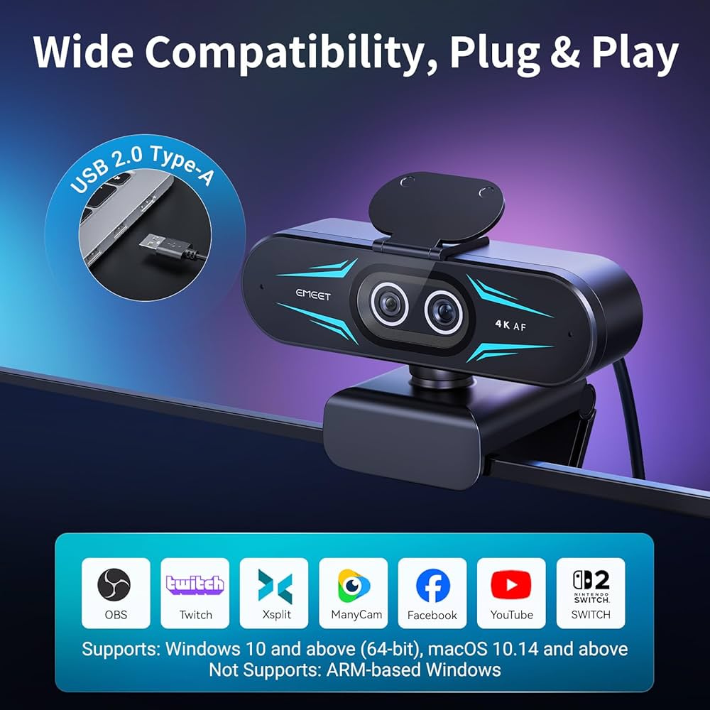 EMEET C60E Dual-Camera 4K Webcam for Streaming, Wide-Angle and Telephoto Cameras, Max 11X Hybrid Zoom & PDAF Autofocus, Remote Control, RGB Lighting, 2 Mics, Ideal for Livestreaming and Online Meeting