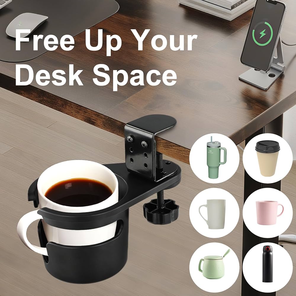 Upgraded Deeper Desk Cup Holder with 360° Rotation, Clamp Mount Design, Metal Office & PC Gaming Desk Accessories,Hidden Adjustable Drink Holder for Arm Chair,Coffee Cup