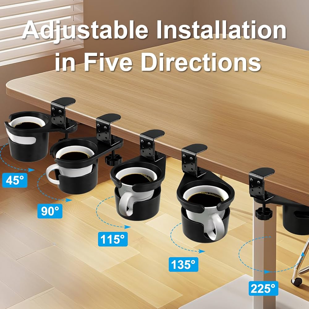 Upgraded Deeper Desk Cup Holder with 360° Rotation, Clamp Mount Design, Metal Office & PC Gaming Desk Accessories,Hidden Adjustable Drink Holder for Arm Chair,Coffee Cup