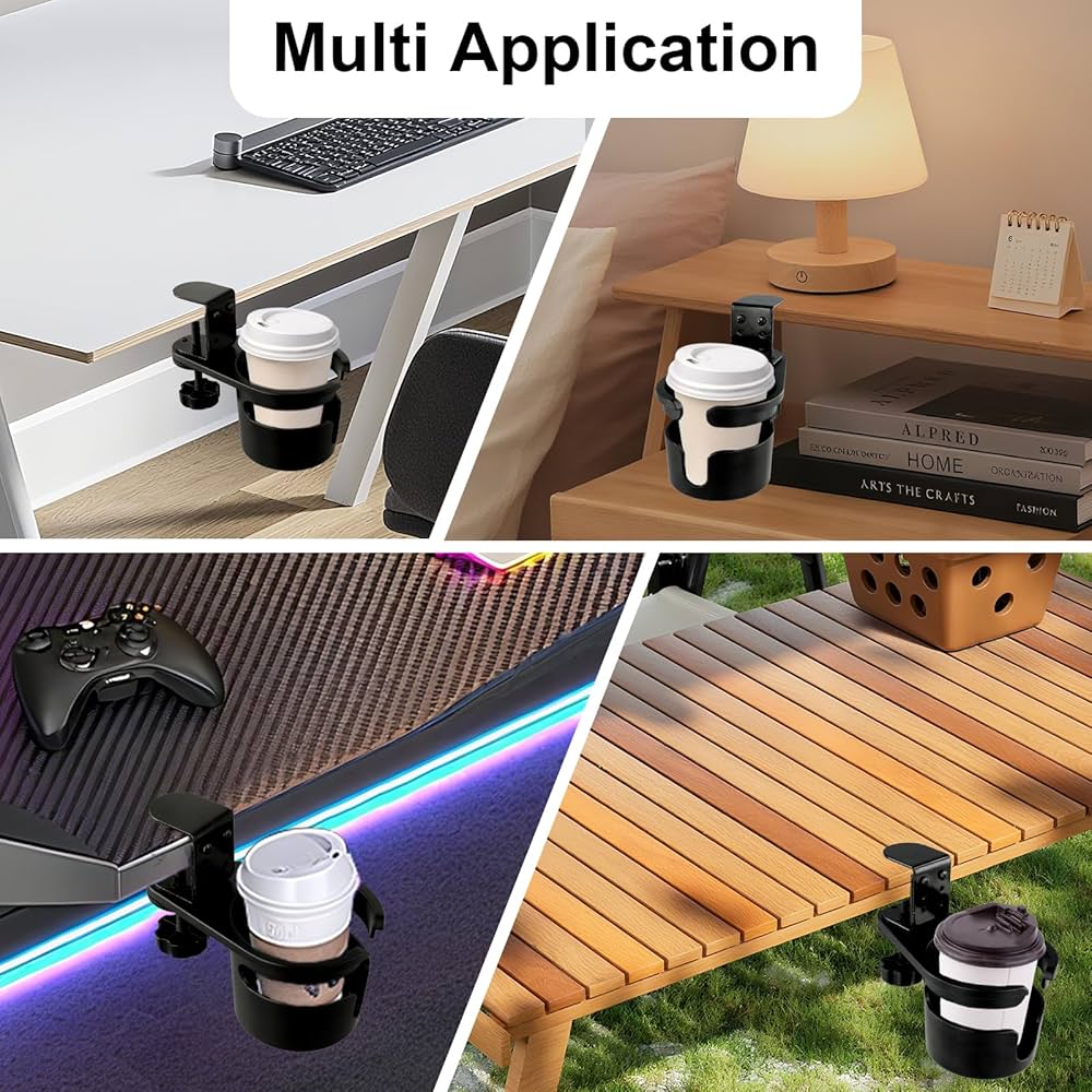 Upgraded Deeper Desk Cup Holder with 360° Rotation, Clamp Mount Design, Metal Office & PC Gaming Desk Accessories,Hidden Adjustable Drink Holder for Arm Chair,Coffee Cup