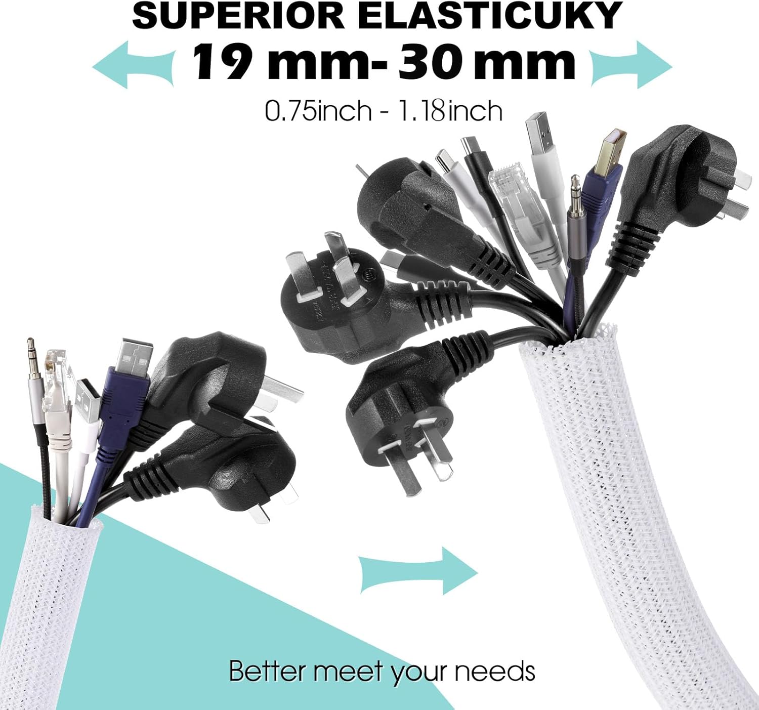 AGPTEK White Cable Sleeve Cover, 2 Pack 5ft – 1.2 inch Desk Cord Organizer Cable Hider, Home Office Wire Management Computer TV Wire Loom Tubing, Pet Proof Cord Protector, from Cat Dog Chewing, White