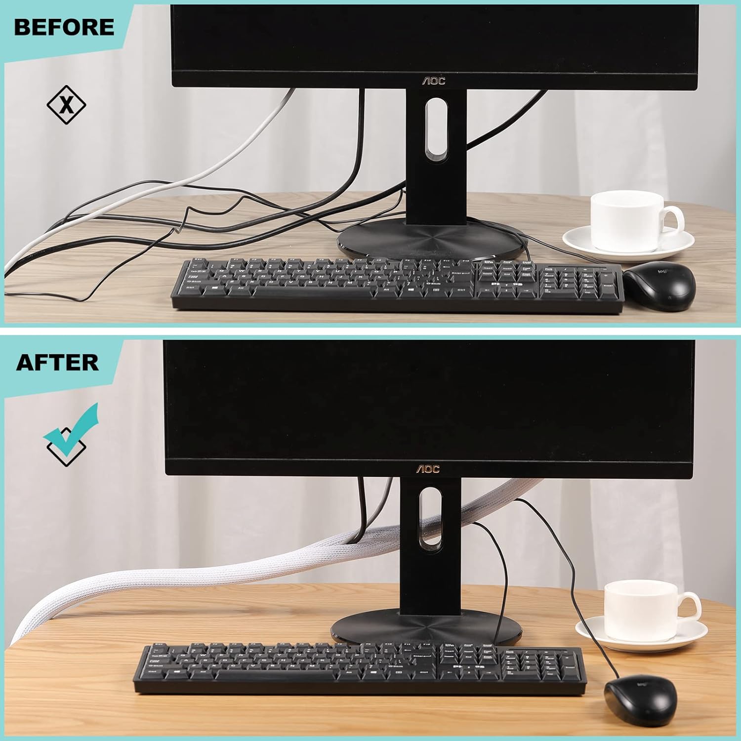 AGPTEK White Cable Sleeve Cover, 2 Pack 5ft – 1.2 inch Desk Cord Organizer Cable Hider, Home Office Wire Management Computer TV Wire Loom Tubing, Pet Proof Cord Protector, from Cat Dog Chewing, White