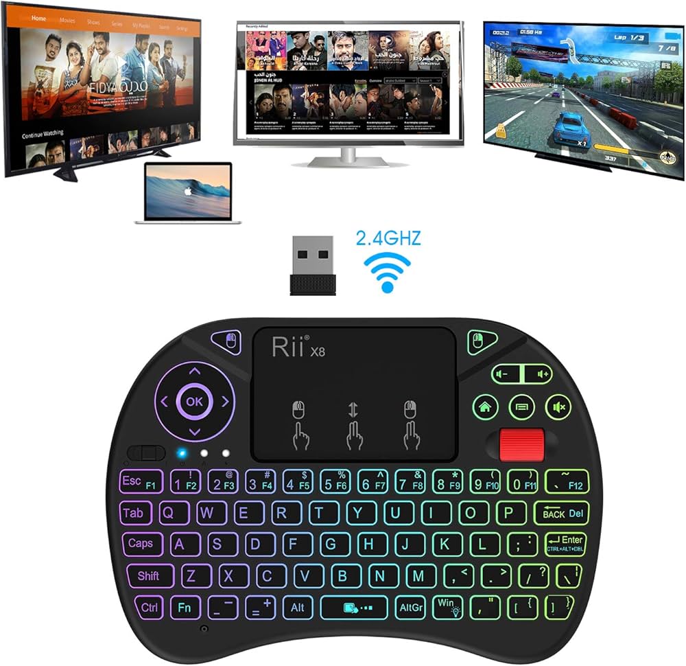 Rii X8 Mini Keyboard,2.4GHz Portable Wireless Keyboard with Touchpad Mouse,RGB Backlit,Rechargeable Battery for Android TV Box/Mac/PC/Nvidia Shield