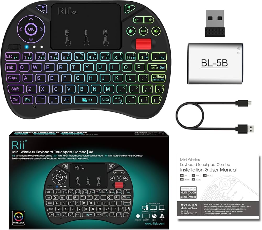 Rii X8 Mini Keyboard,2.4GHz Portable Wireless Keyboard with Touchpad Mouse,RGB Backlit,Rechargeable Battery for Android TV Box/Mac/PC/Nvidia Shield