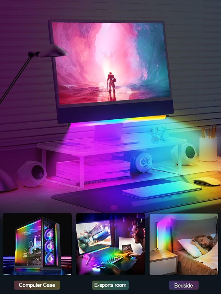 Monitor Down Light Bar, RGB Screen Desk Light PC, Dimmable LED Dynamic Rainbow Effect, Adjustable Brightness, Speed and Music, Remote Control Color Change, for Game Room