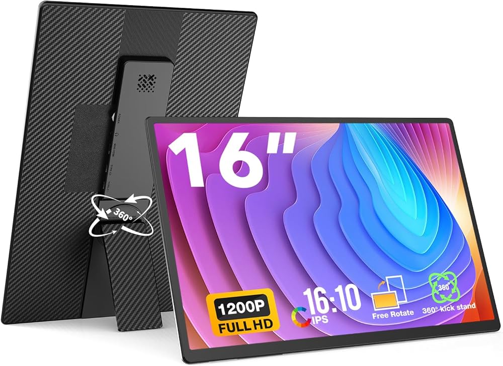 Portable Monitor, 16 Inch FHD 1200P, Horizontal/Vertical Monitor, Plug & Play, Built-in Speakers & Headphone Jack, Travel Monitor for Laptop with Premium Smart Cover