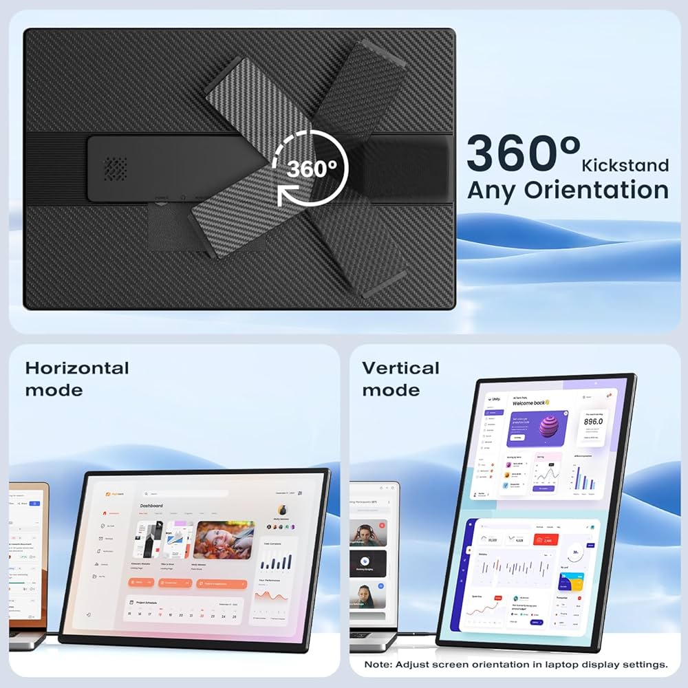 Portable Monitor, 16 Inch FHD 1200P, Horizontal/Vertical Monitor, Plug & Play, Built-in Speakers & Headphone Jack, Travel Monitor for Laptop with Premium Smart Cover