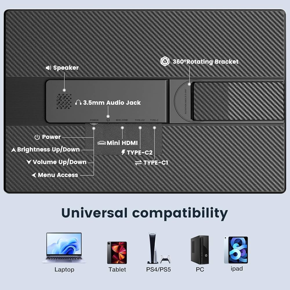 Portable Monitor, 16 Inch FHD 1200P, Horizontal/Vertical Monitor, Plug & Play, Built-in Speakers & Headphone Jack, Travel Monitor for Laptop with Premium Smart Cover